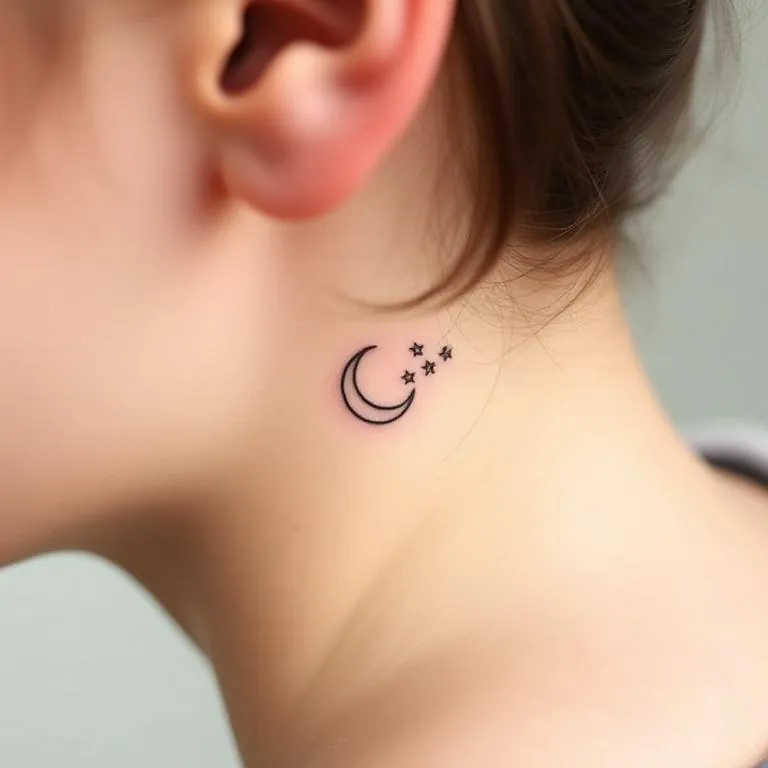 Crescent moon and stars tattoo behind ear