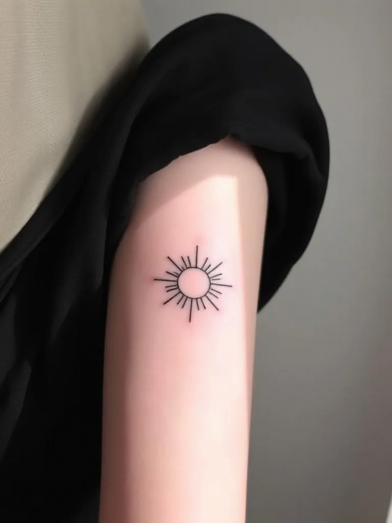 Sun with thin rays tattoo on bicep