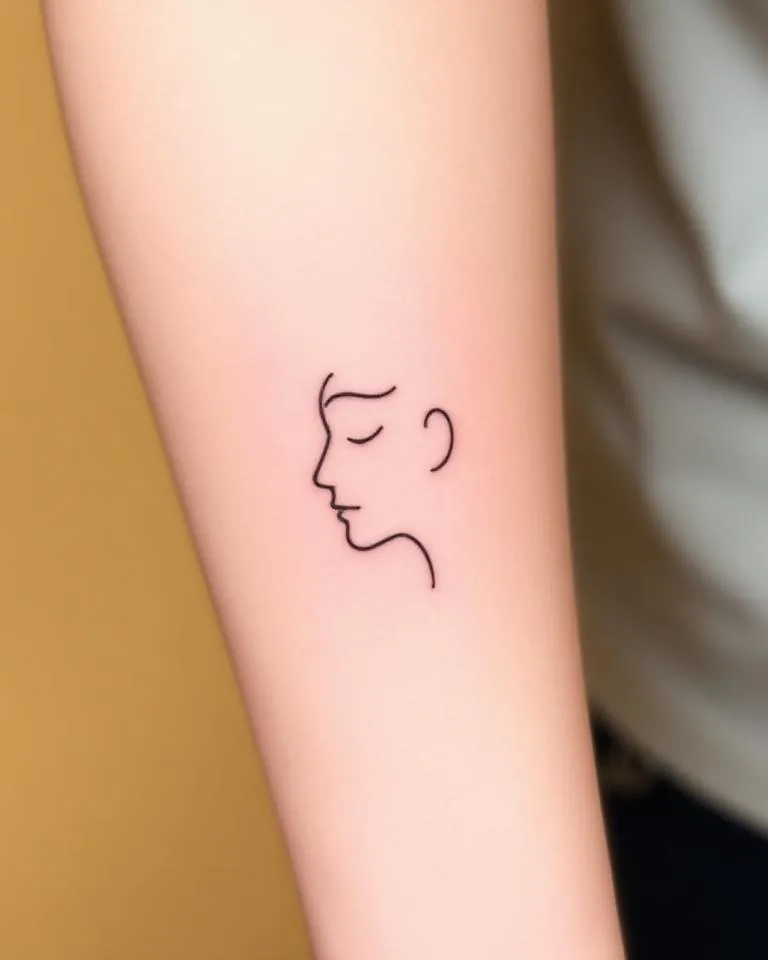 Continuous line face profile tattoo on forearm